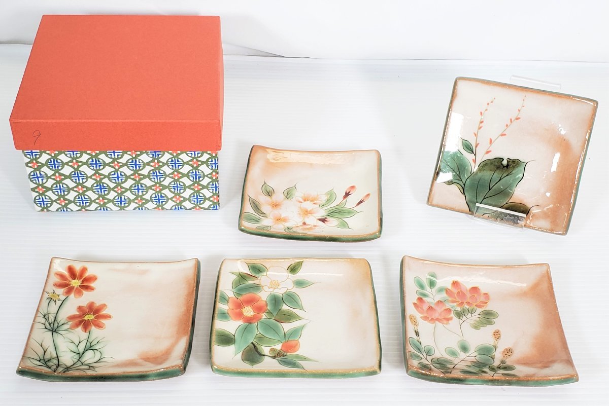 A55104 [おそらく未使用] 京焼 清水焼 陶あん 色絵付け 絵変わり角皿 5