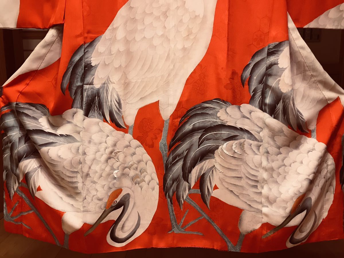 着物 鶴 襦袢 刺繍 アンティーク着物 絹.正絹.アンティーク レア