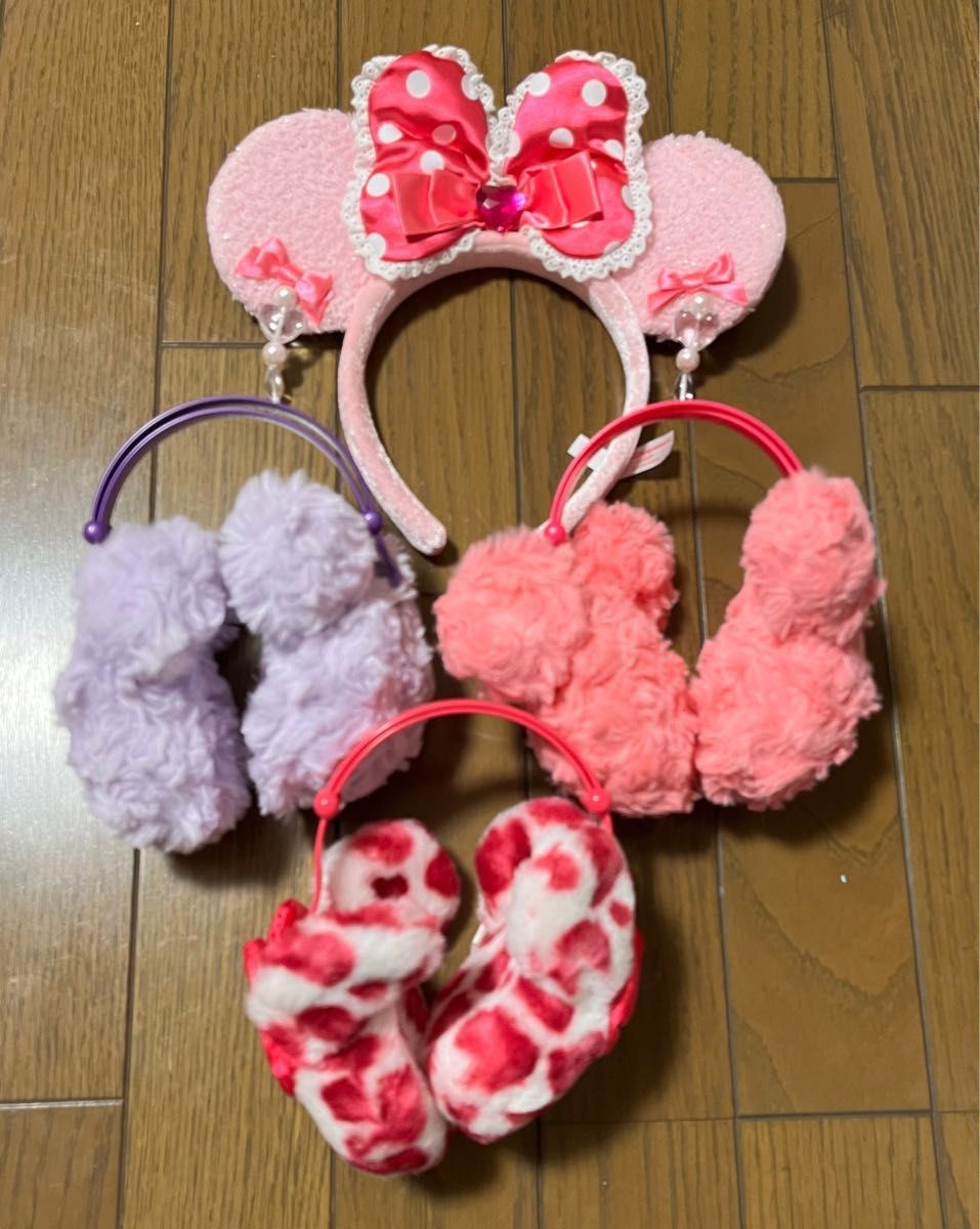 ミッキー ミニー 耳あて ディズニー パープル ヒョウ柄 ピンク