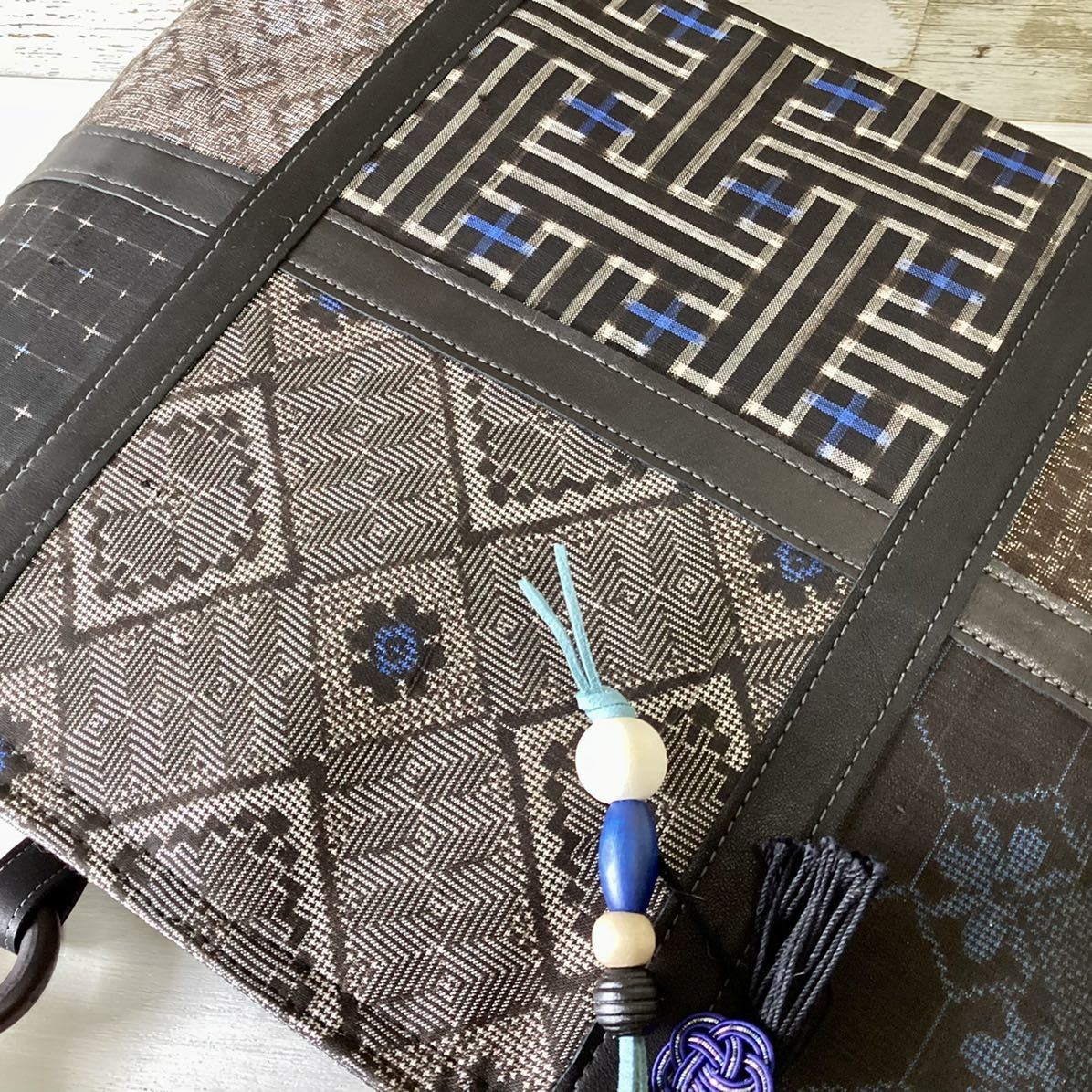 大島紬 × 本革 着物リメイク 大きめ トートバッグ 手提げ 和装バッグ