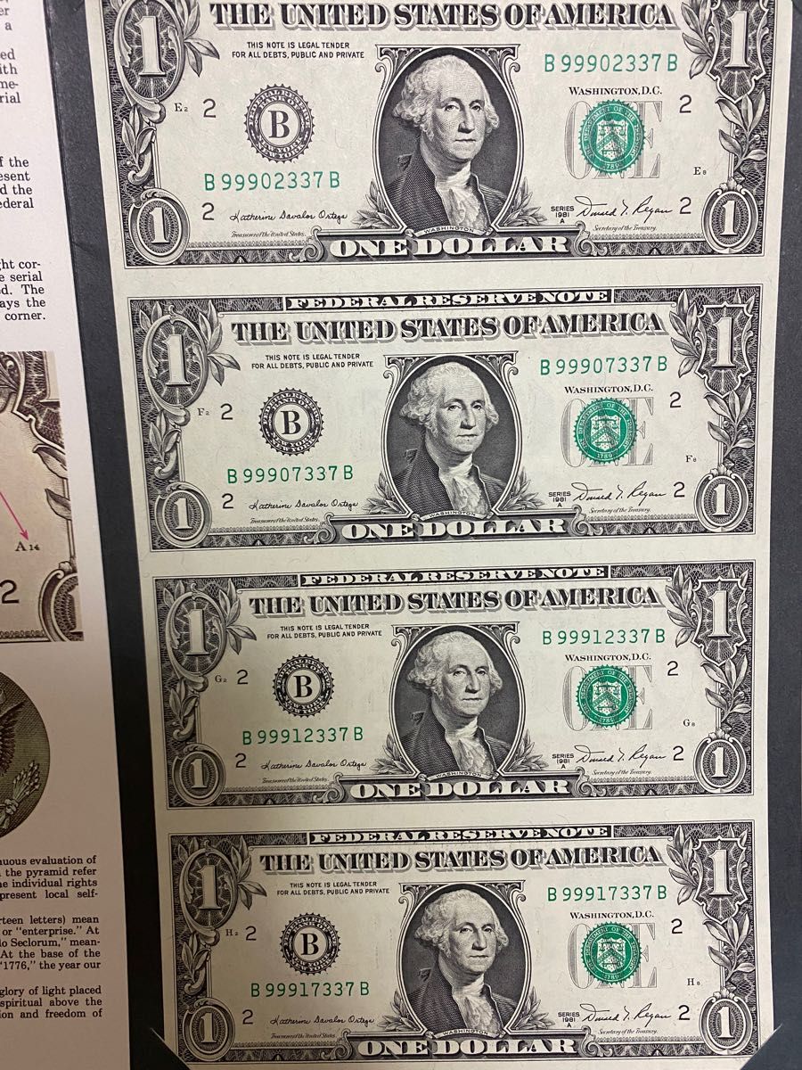希少品・アメリカ1ドル札(米国1ドル紙幣) 4枚未裁断シート｜Yahoo