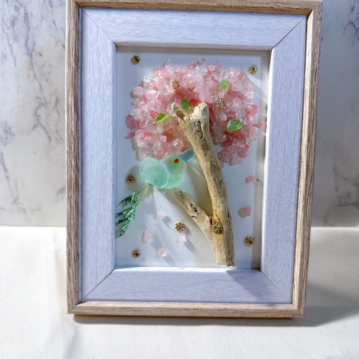 シーグラスアート 【春の訪れ】桜 青い鳥 さざれ石 シーグラス 置物