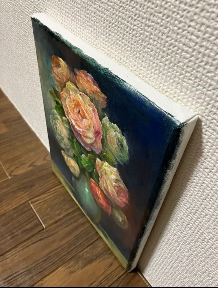 画家haru☆F6号油彩画☆湖面に咲く薔薇No2.真作、原画、一点物。 画家
