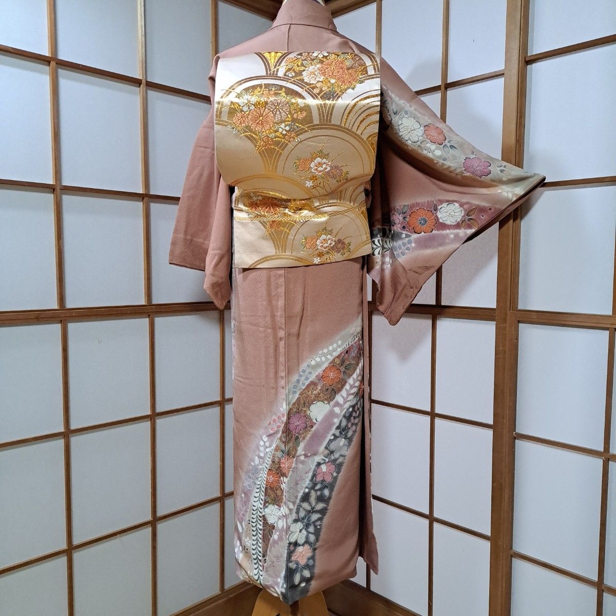 着物10 正絹 友禅染 染め分け 桜梅 袷 訪問着 作家物！