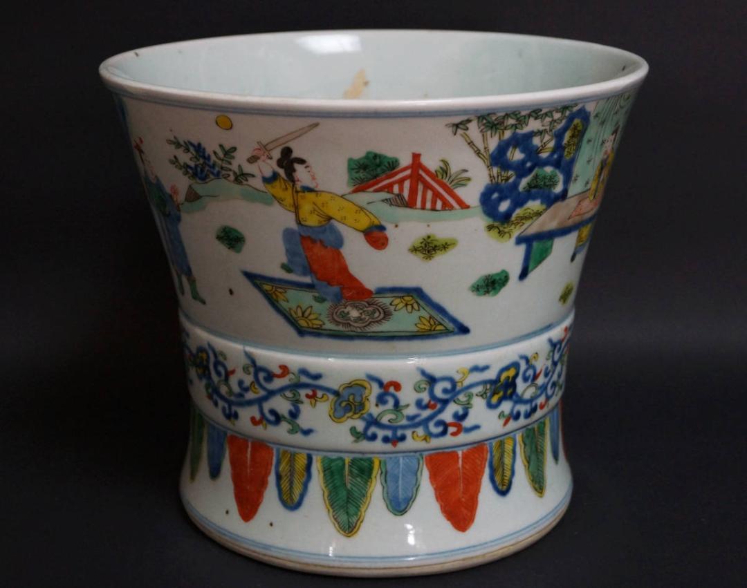 清 同治年製 粉彩色絵『人物物語文』花鉢 飾鉢⁄ 茶道具