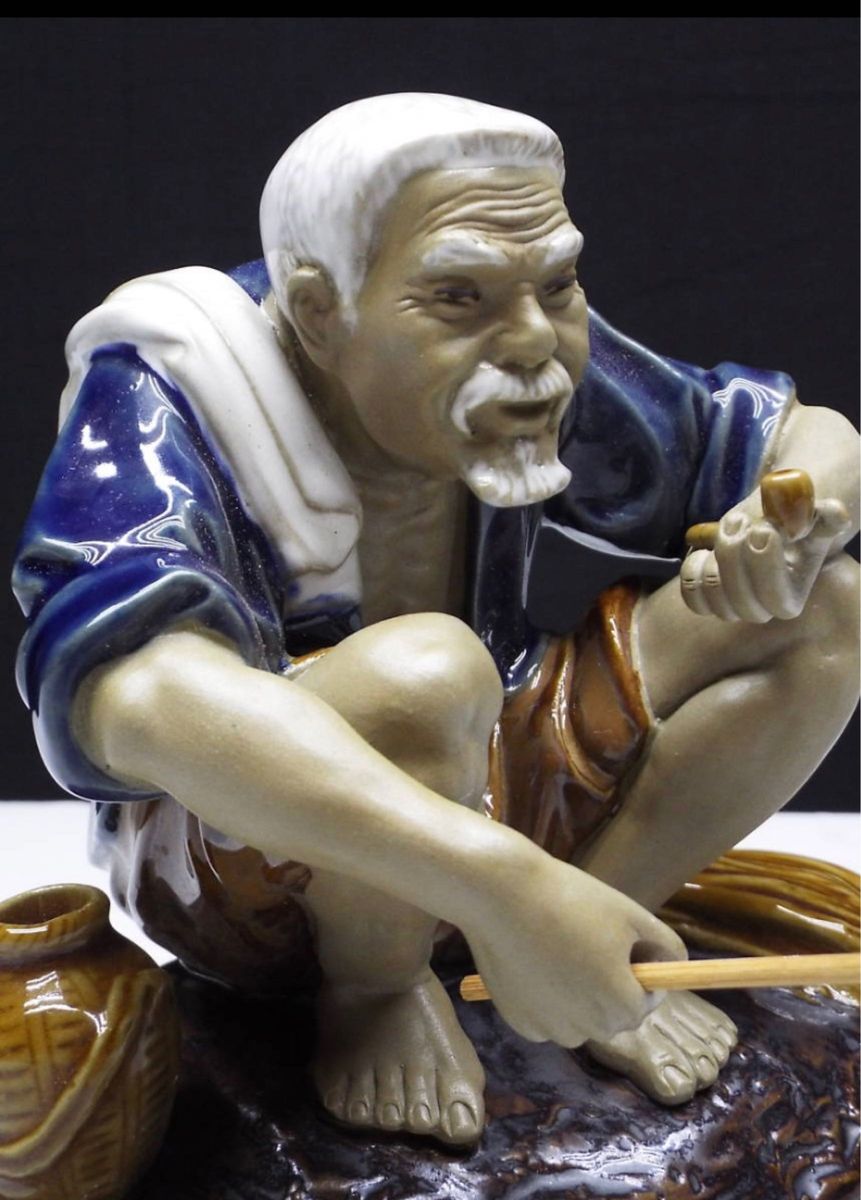本日限定 G058 陶器人形 釣り仙人 漁夫 漁師 釣り人 老人 高さ16cm