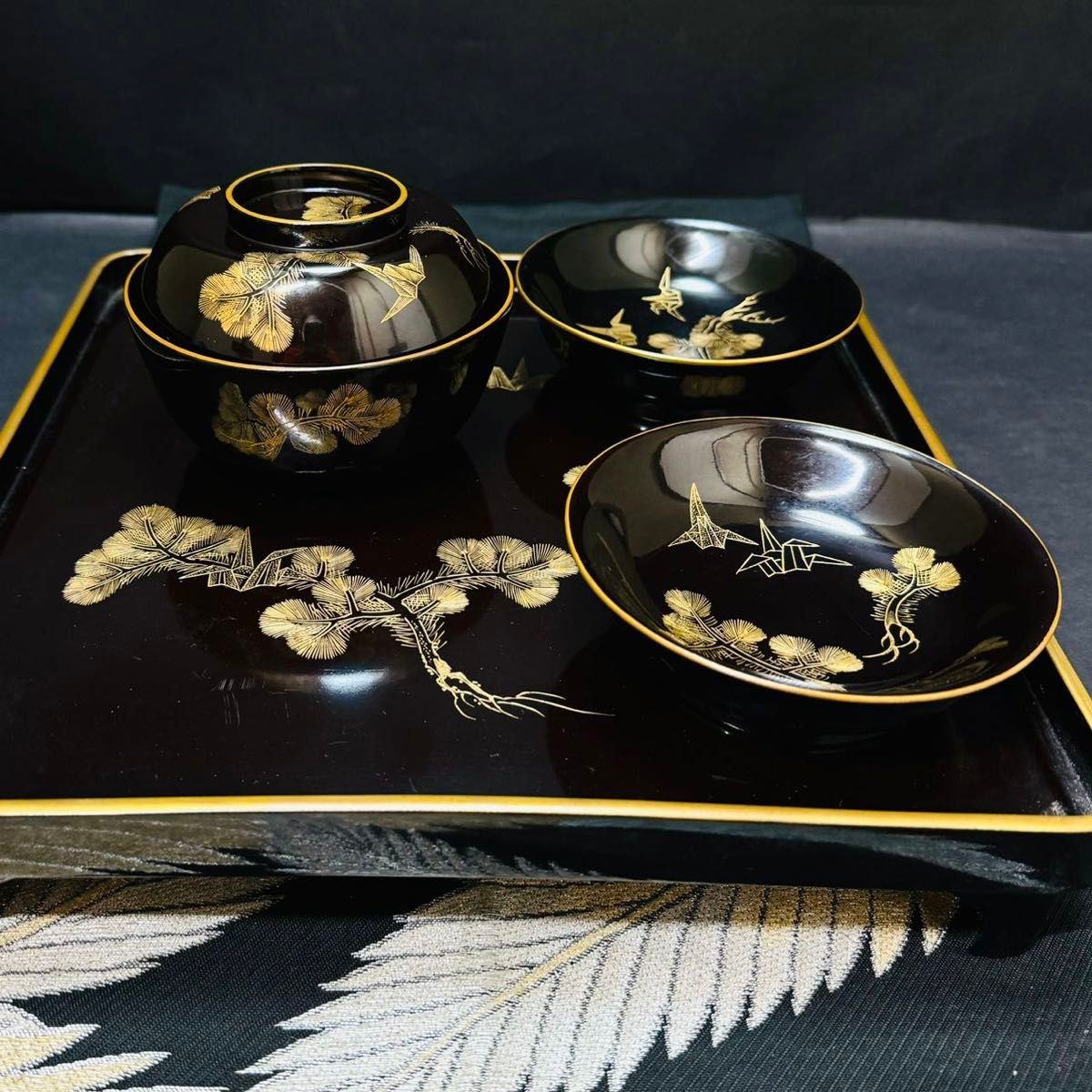 漆器 輪島塗 沈金松鶴 金蒔絵 木製 蓋付椀 お煮物椀 吸物椀 5客 骨董