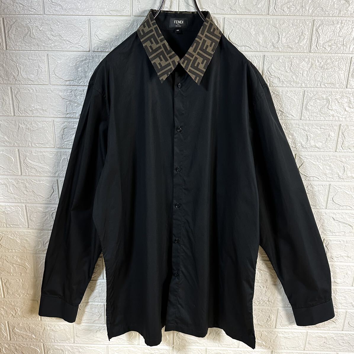 FENDI フェンディ 襟 切り替え シルク ズッカ柄 長袖 コットン シャツ