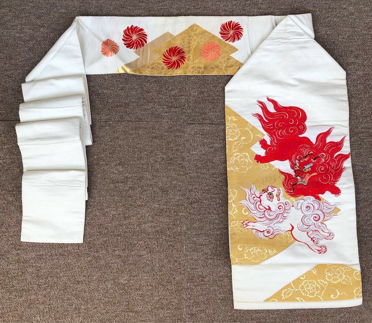 名古屋帯 正絹 九寸 お太鼓柄 獅子 狛犬 唐獅子 牡丹 金糸 白 赤