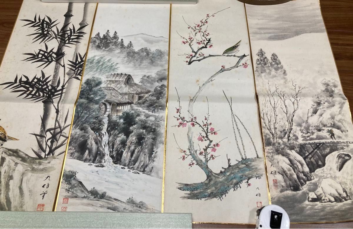 高田九伯 美術品 水墨山水図 梅竹花鳥 掛軸用日本画 4枚 色紙画 水墨画