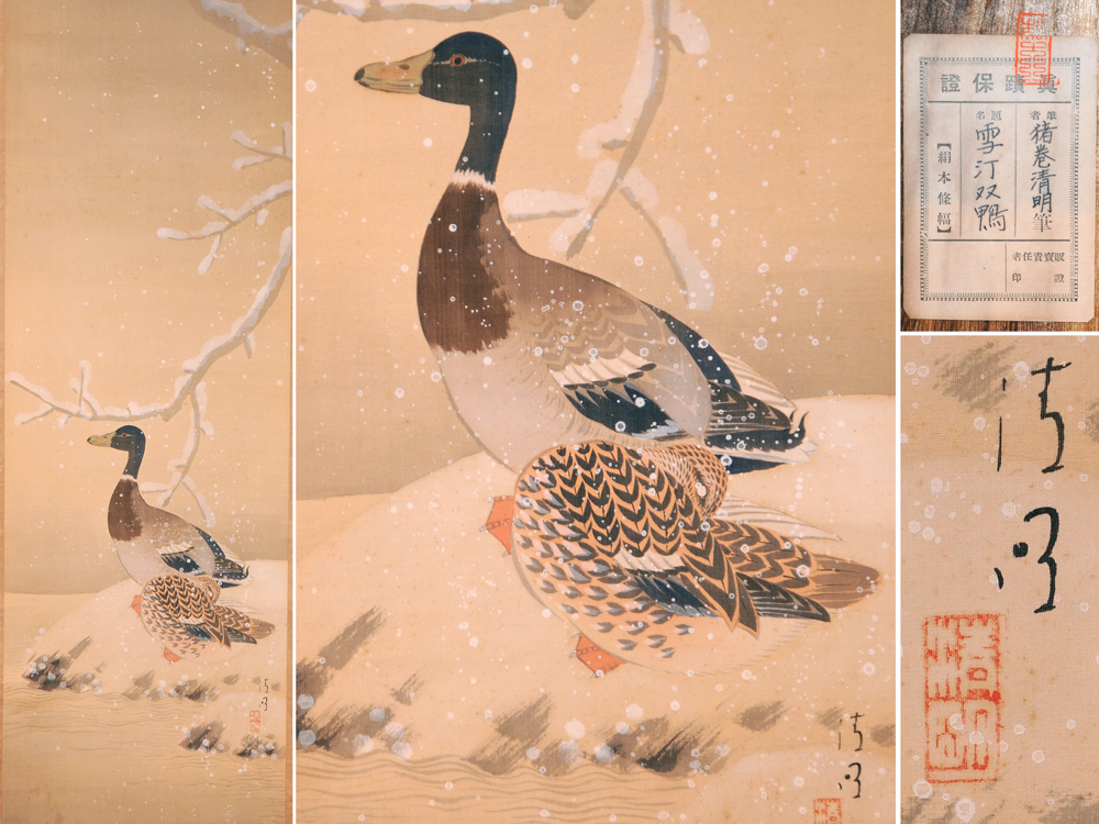 Yahoo!オークション - 【真作】猪巻清明「雪汀双鴨」軸 掛軸 絹本 時代