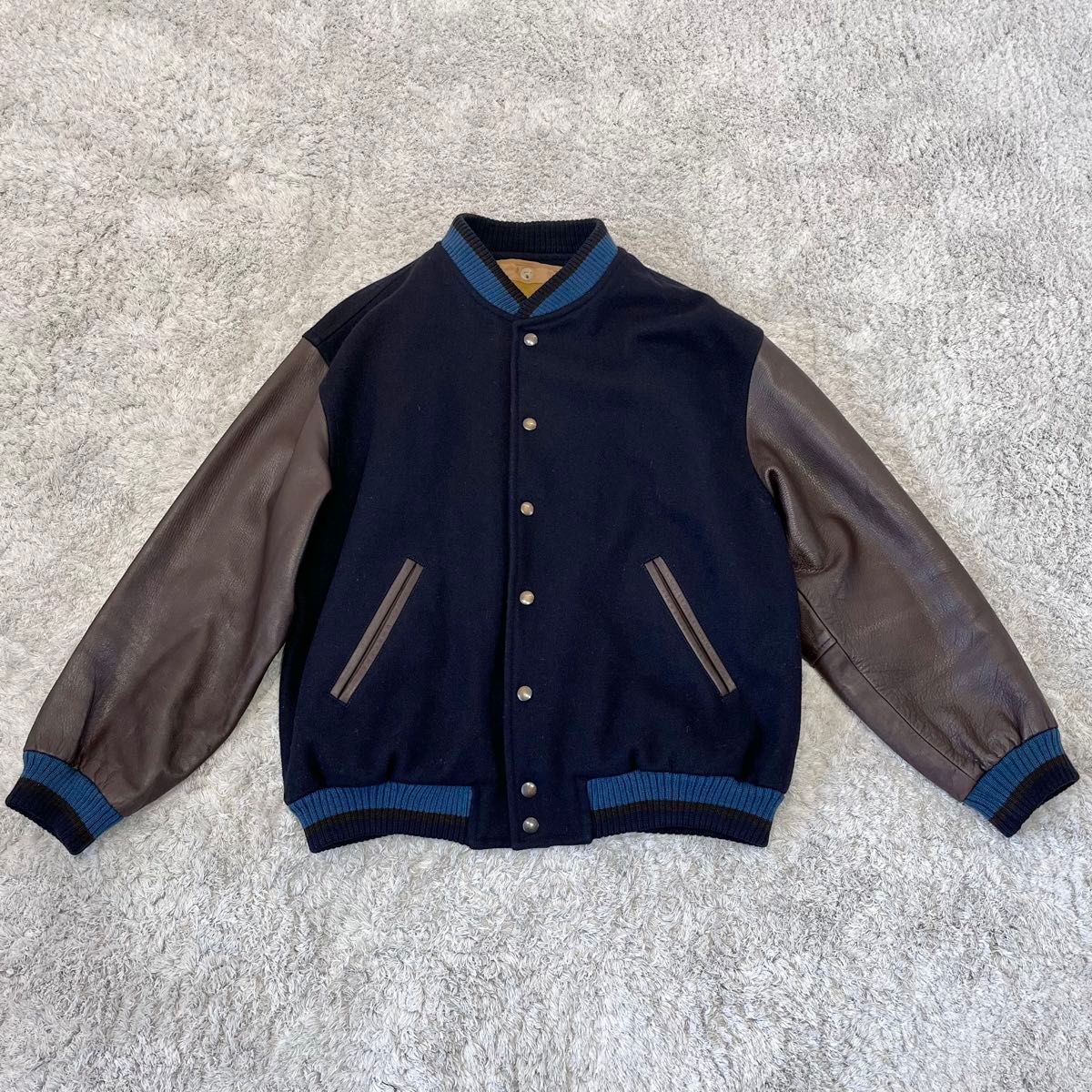 レア】ライナー付 KENT ケント レザースタジャン 袖革 ネイビー L