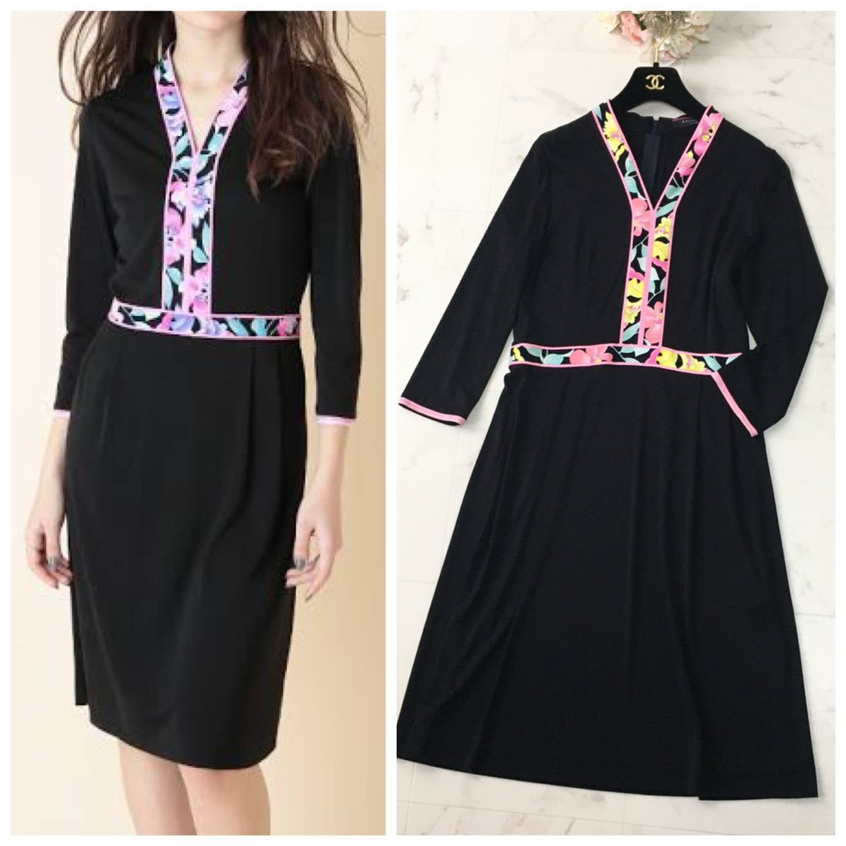 美品 近年 LEONARD レオナール カンカン 花柄 ロング ワンピース 送料