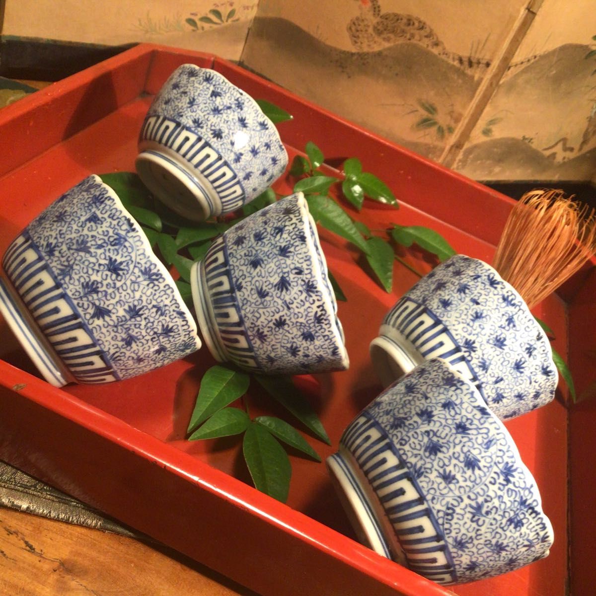 古伊万里染付微塵唐草向付5個 [B28202] 古伊万里染付微塵唐草向付5個