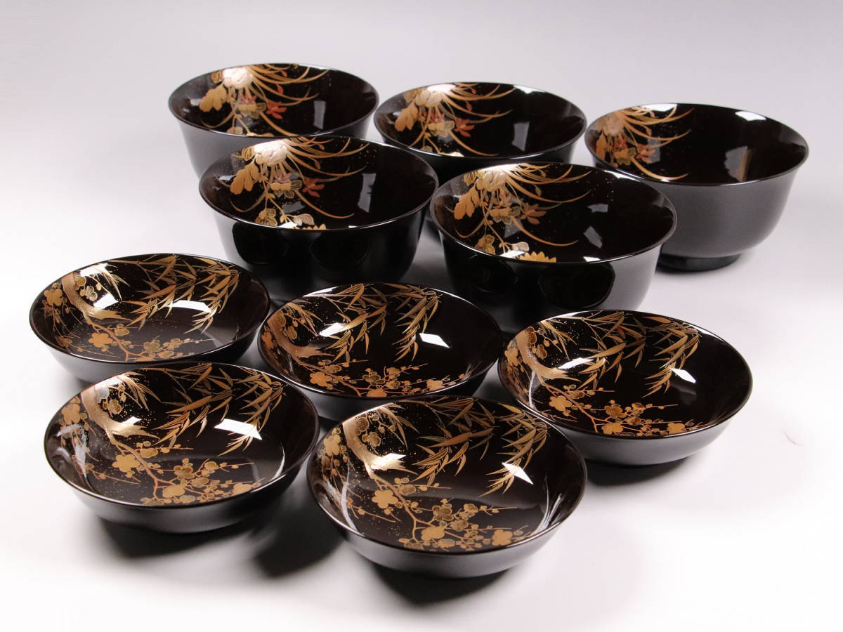 CH34 極上輪島塗 四君子金蒔絵 黒塗椀 五客 木製漆器 梨地研出切金細密