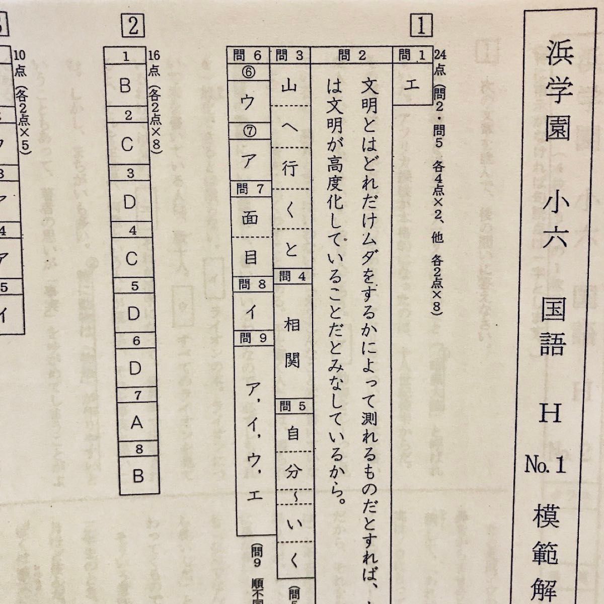 浜学園 小6 国語 復習テスト Hクラス No 1～No 39 実力テスト付き