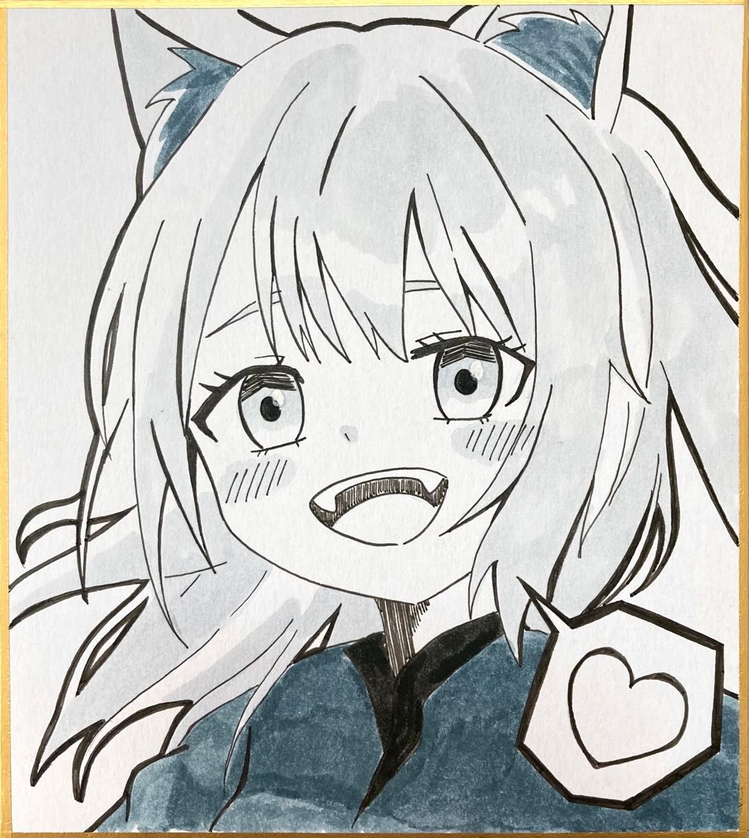 手描きイラスト 原画 モノクロ ペン画 オリジナル ミニ色紙 小色紙