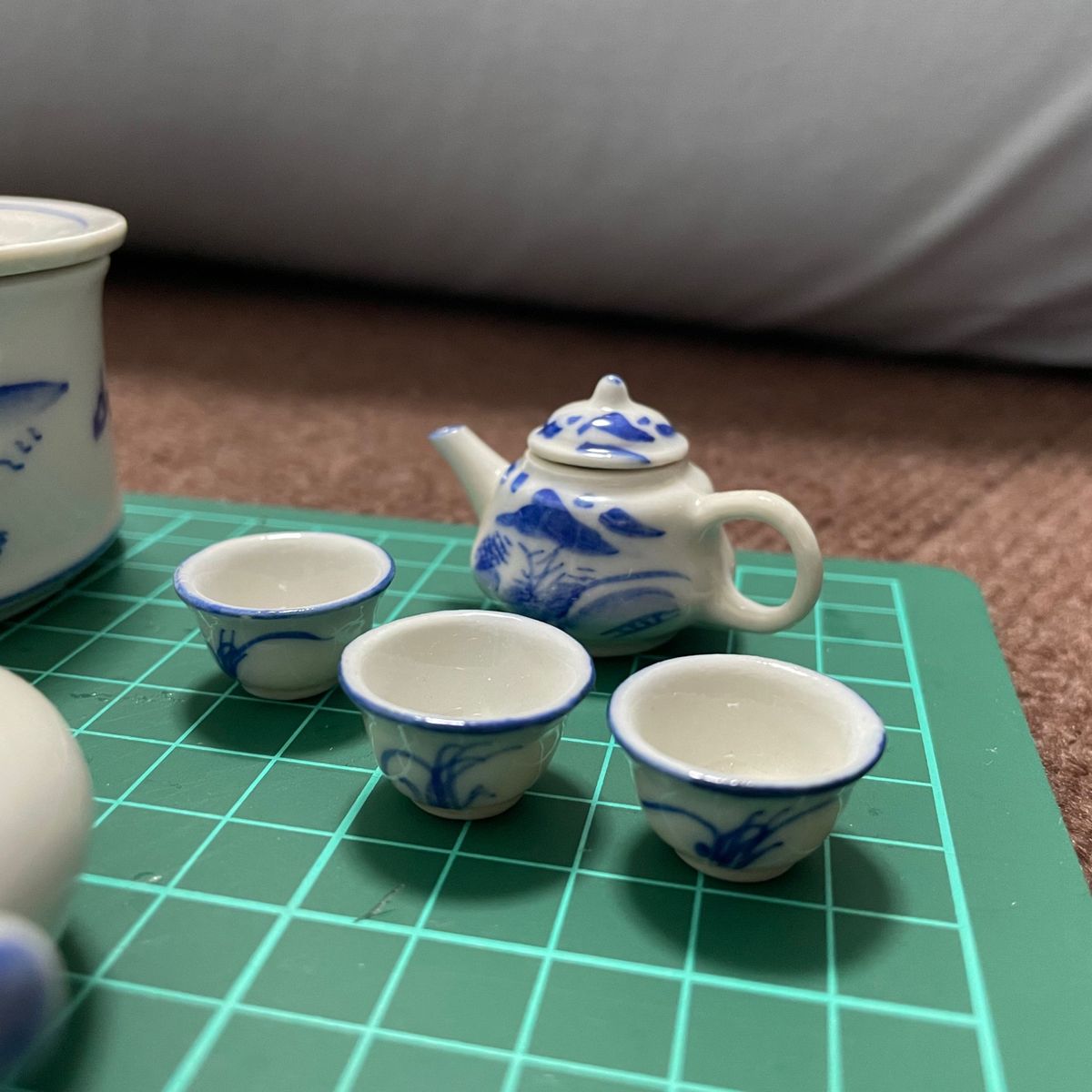 中国 青花 山水文 ミニチュア茶器 急須 涼炉 湯呑 4点 V R4721 中国