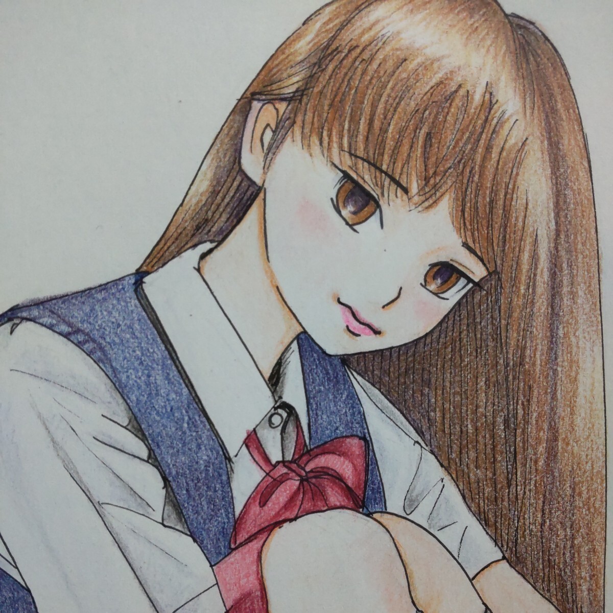 Yahoo!オークション - 手描きイラスト 原画B5サイズ 色鉛筆画 制服 体
