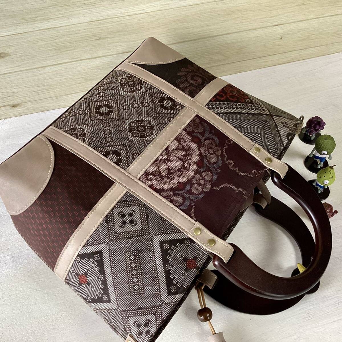 龍郷 大島紬 × 本革 着物リメイク 大きめ トートバッグ 和装バッグ