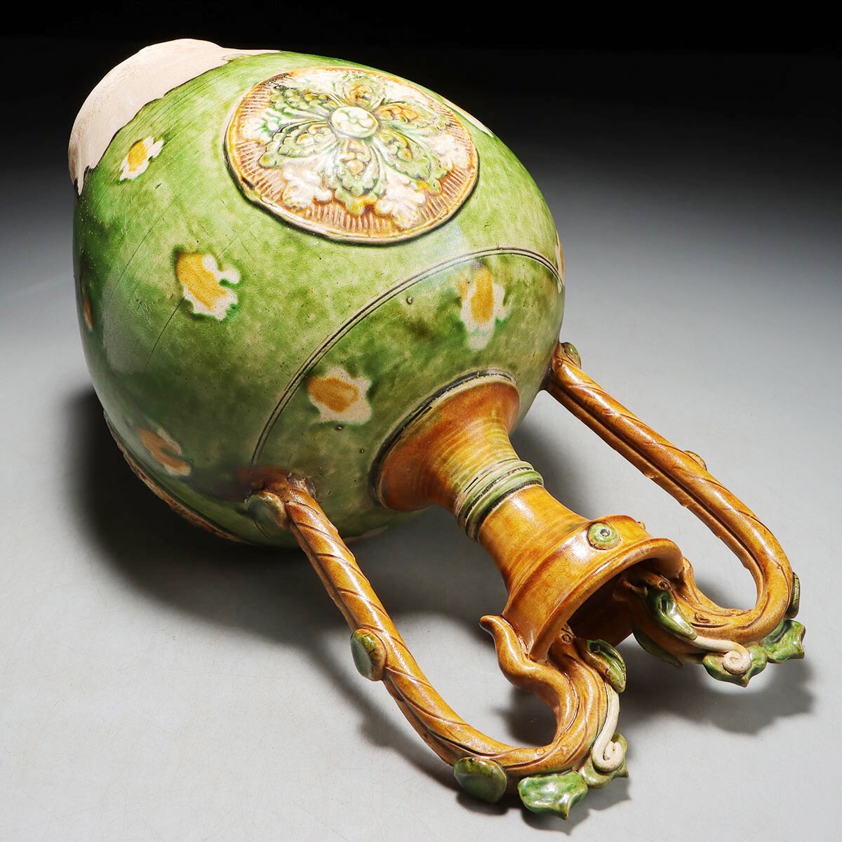 PG400. 中国古玩唐三彩貼花龍双耳瓶高さ36.5cm / 陶器陶芸古美術時代