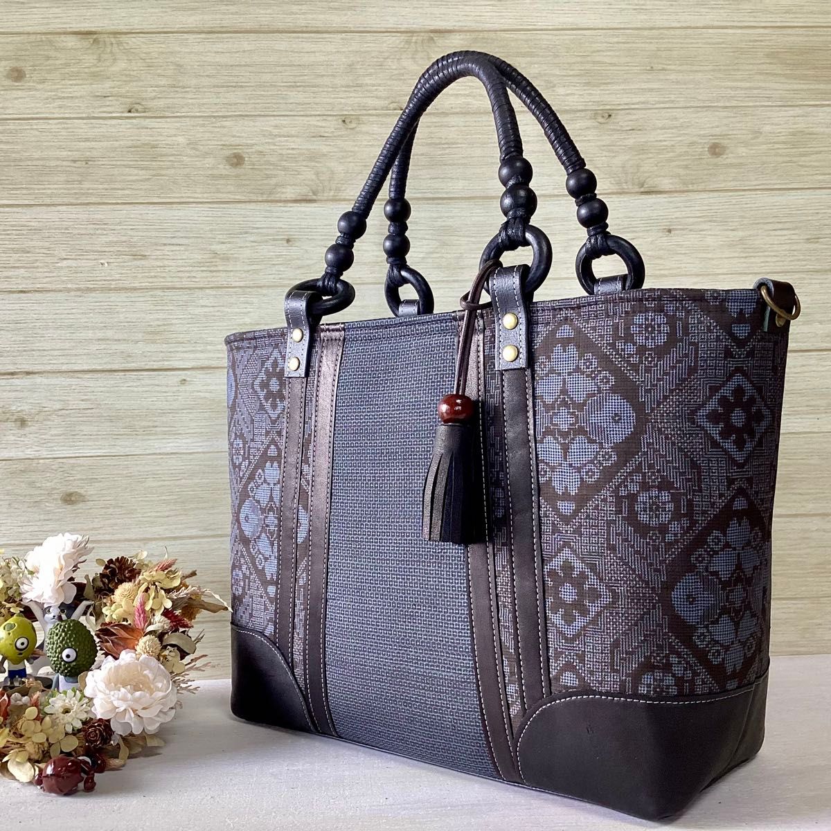 龍郷 本場大島紬 × 本革 着物リメイク 大きめ トートバッグ 和装バッグ