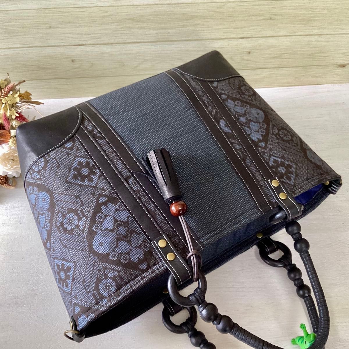 龍郷 本場大島紬 × 本革 着物リメイク 大きめ トートバッグ 和装バッグ