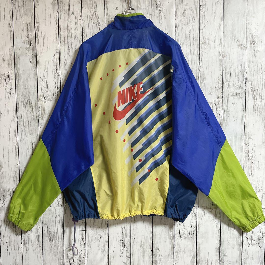 90's NIKE ナイキ 銀タグ ナイロンジャケット 青 黄緑 XL 刺繍