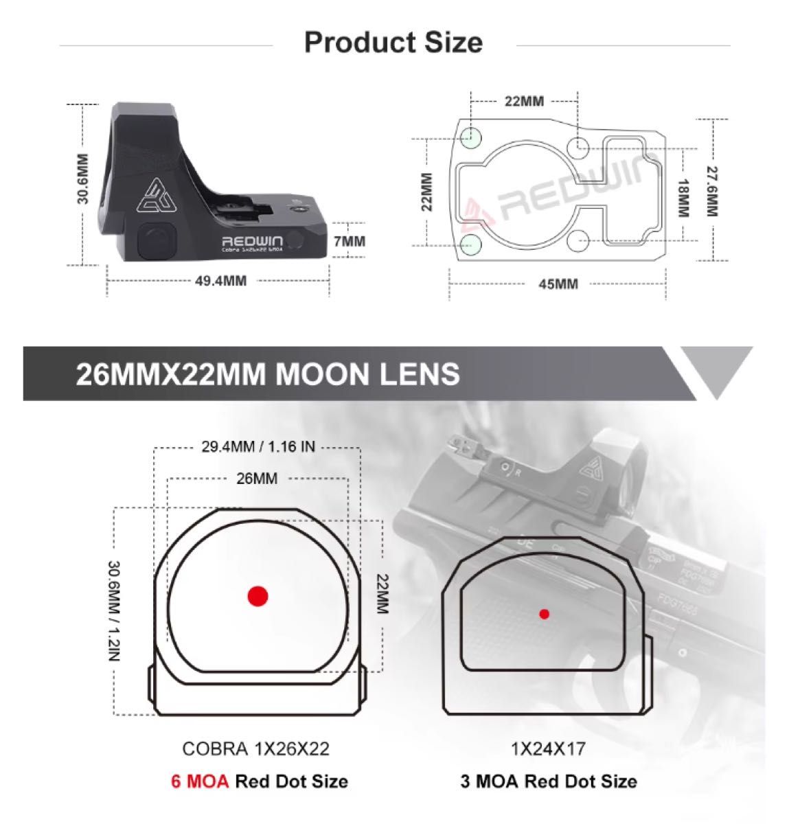 Redwin Cobra 26×22mm MOS 6MOA ドットサイト実物｜Yahoo!フリマ（旧
