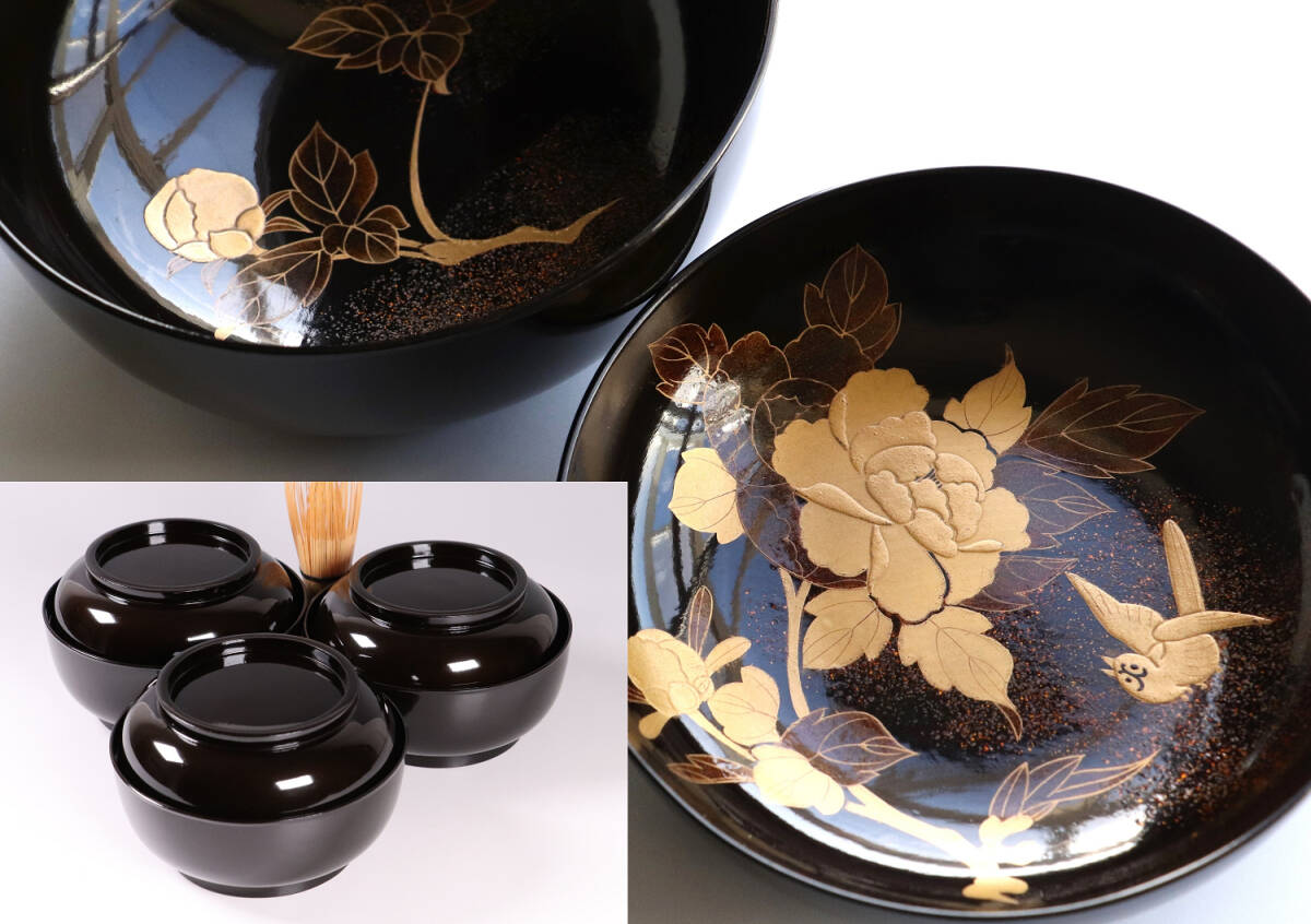 Yahoo!オークション - MA245 時代漆器 輪島塗 牡丹雀金蒔絵 梨地 黒塗