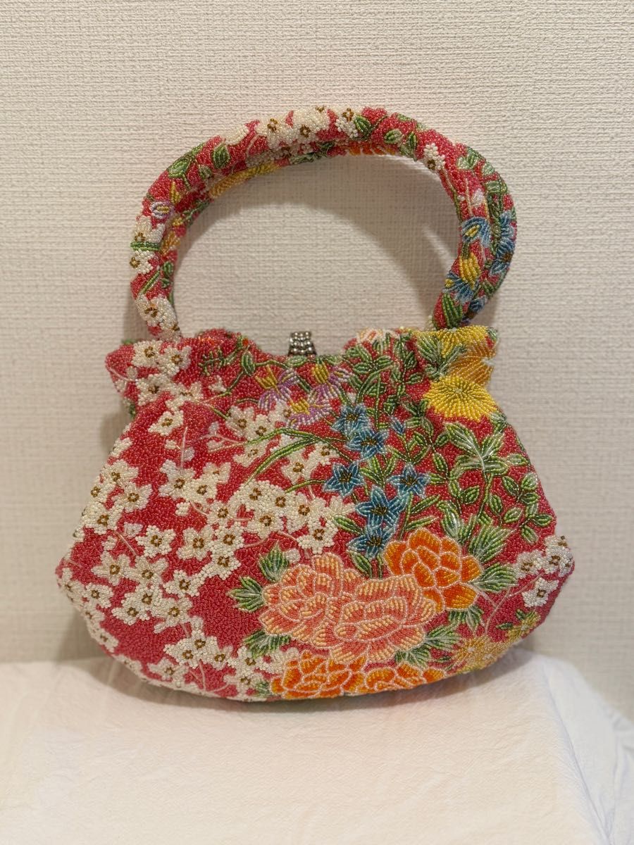 ビーズバッグ 花柄 レトロ ビーズ刺繍 総ビーズバッグ 和装用バッグ 手