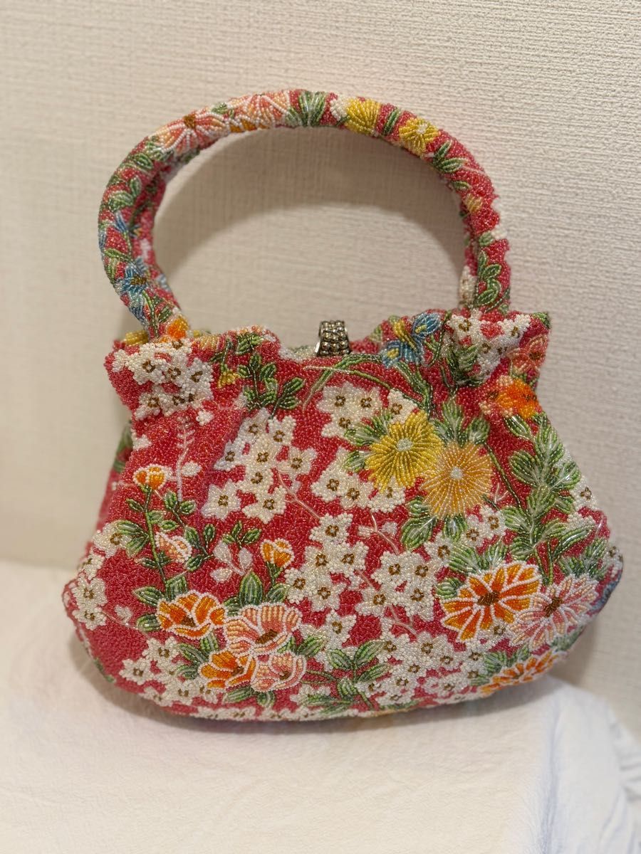 ビーズバッグ 花柄 レトロ ビーズ刺繍 総ビーズバッグ 和装用バッグ 手