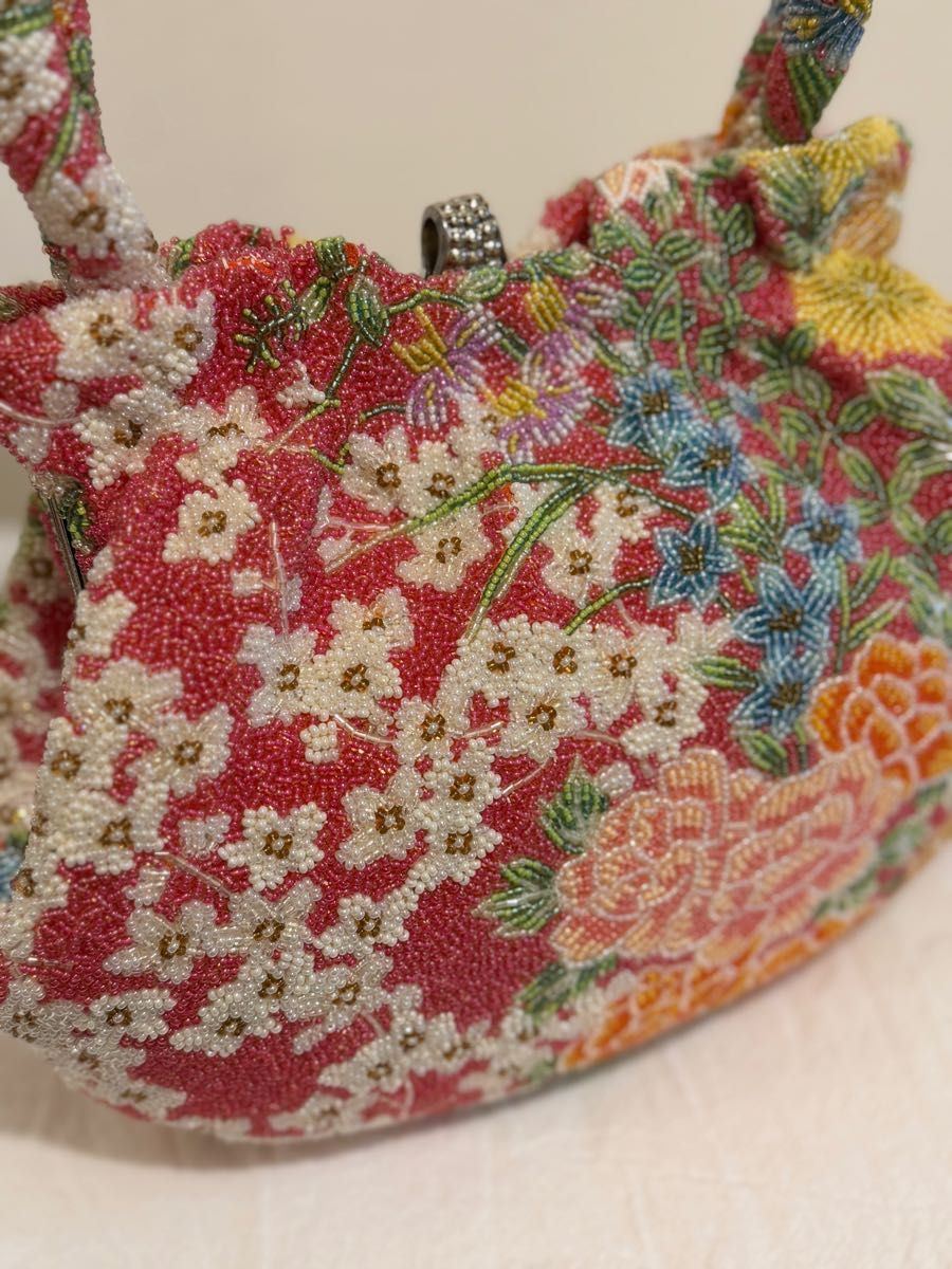 ビーズバッグ 花柄 レトロ ビーズ刺繍 総ビーズバッグ 和装用バッグ 手