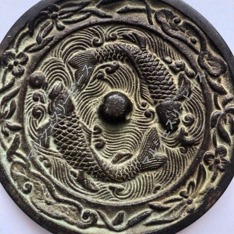 古鏡 銅鏡 魚文 径16.9cm（コレクター放出品） 古鏡 銅鏡 魚文 径16.9