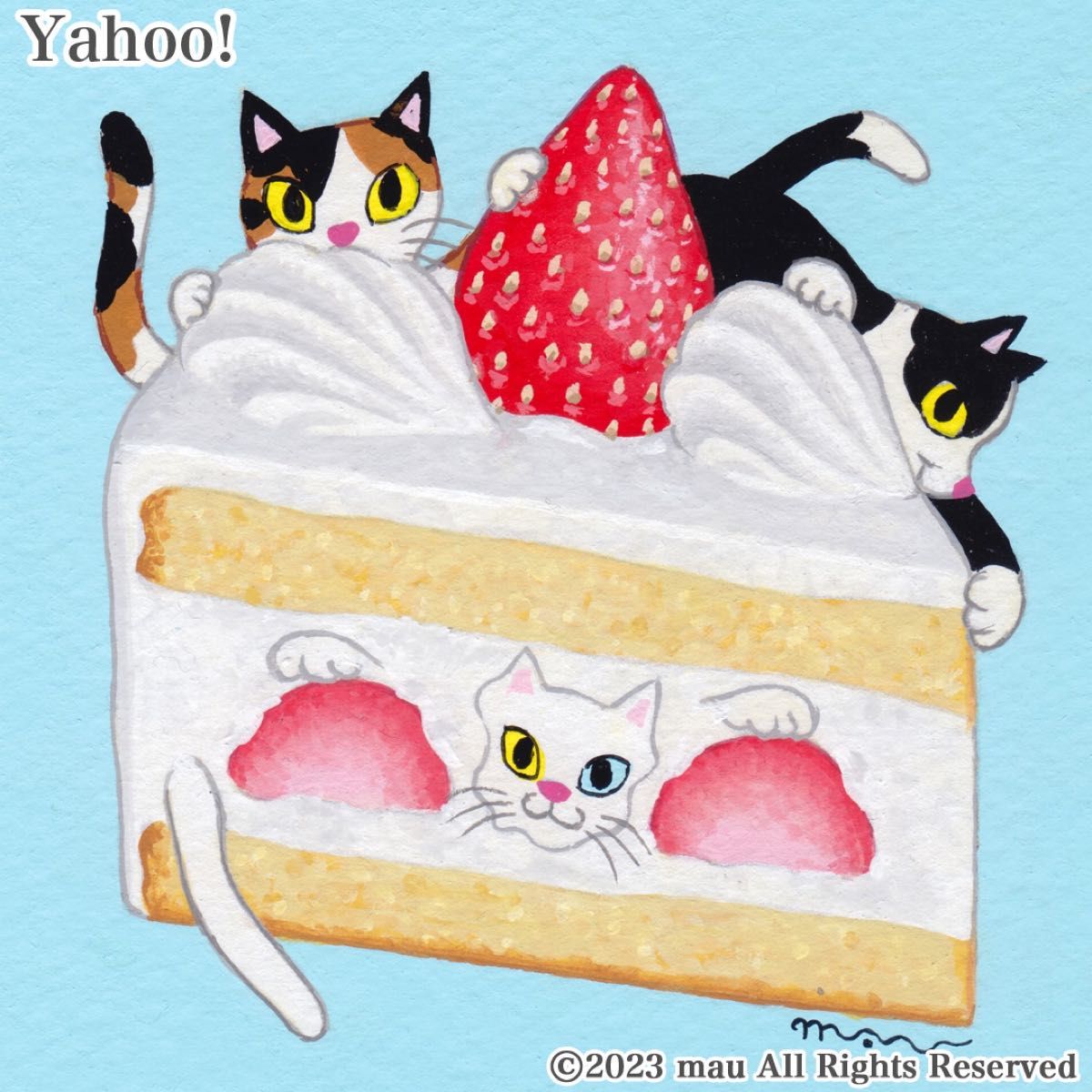 原画「三匹の猫〜いちごショートケーキでかくれんぼ」イラスト/アート