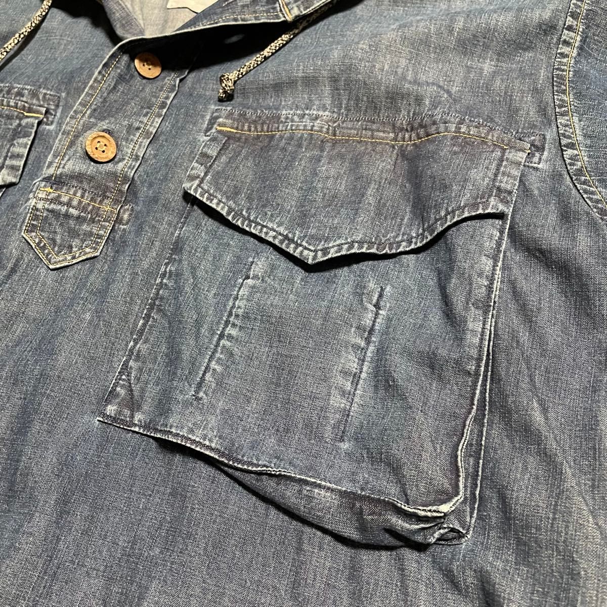 45R モンプチデニムのオンザビーチドレスインディゴ フード ワンピース