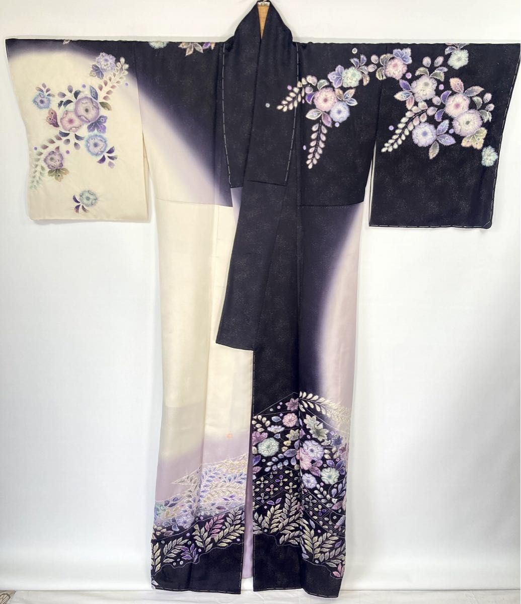 未使用 辻が花 絞り 銀通し 作家物 落款 訪問着 正絹 袷 白 黒 紫1333