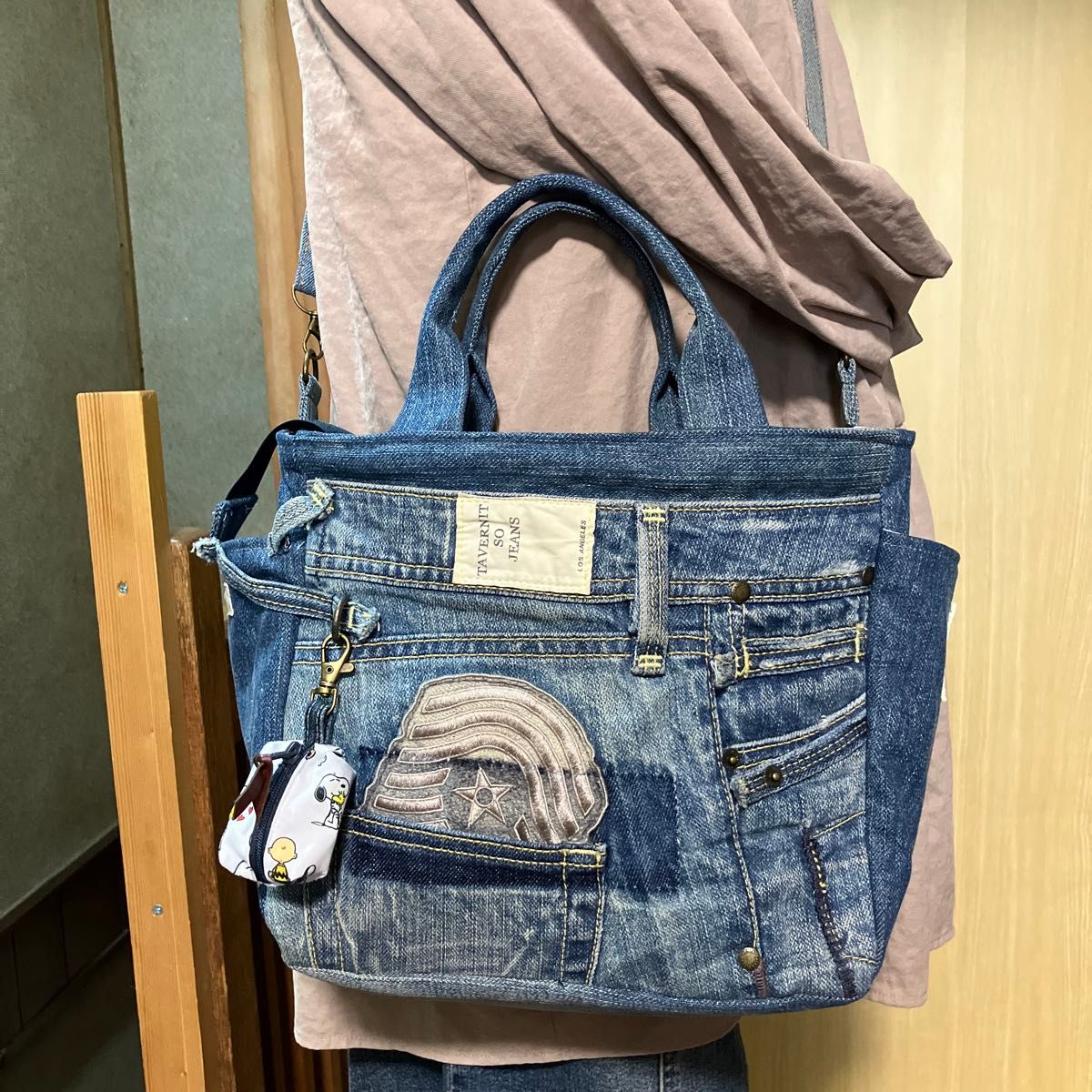 大きめデニムリメイクバック ハンドメイド ショルダーベルト付き