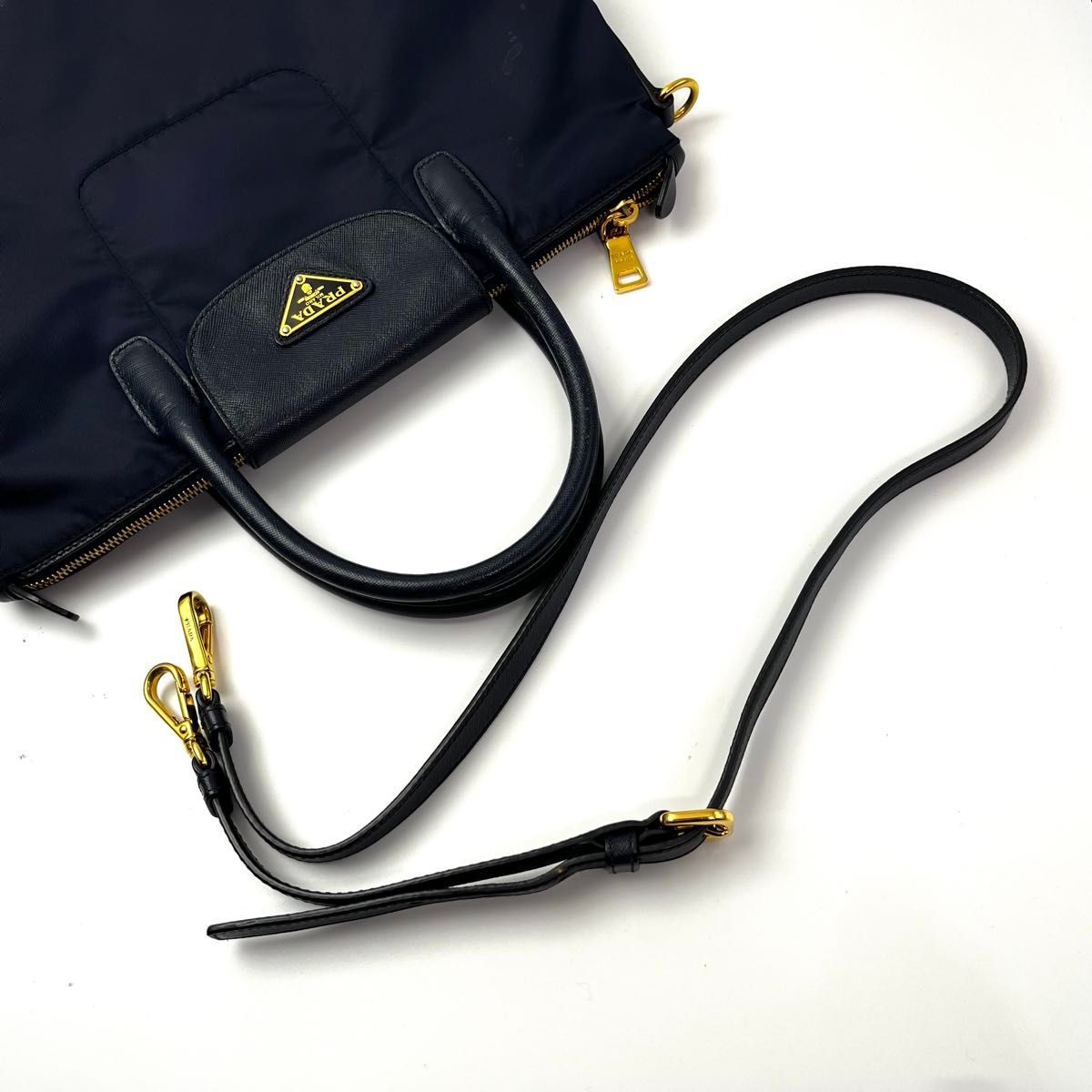 美品 プラダ ナイロン 2WAY ミニトート ショルダーバッグ ネイビー 紺