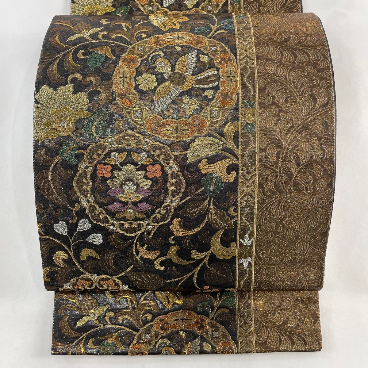 袋帯 美品 秀品 六通 正絹 袋帯 秀品 草花 鳥 金銀糸 箔