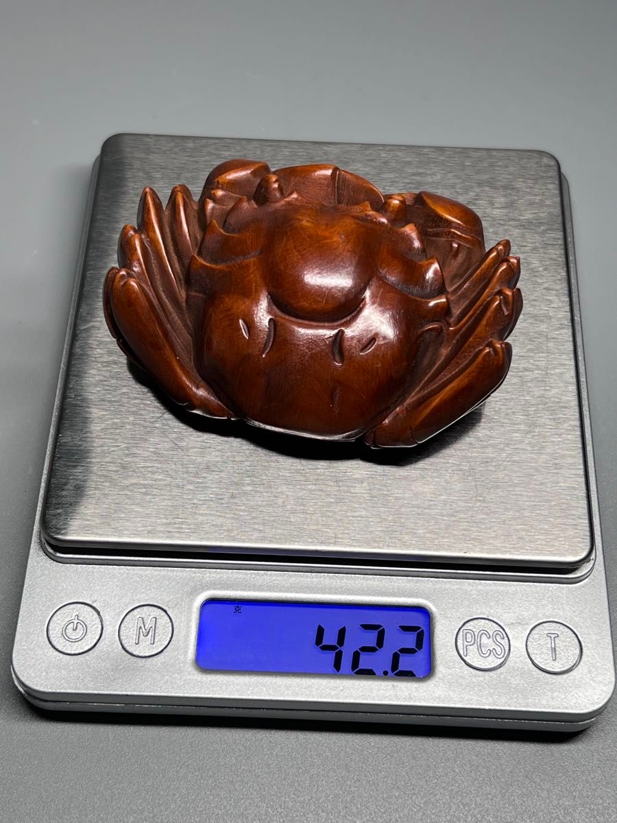 古美術 置物 木製 拓植 黄楊木 細工彫刻 カニ 蟹 根付 提げ物 開運