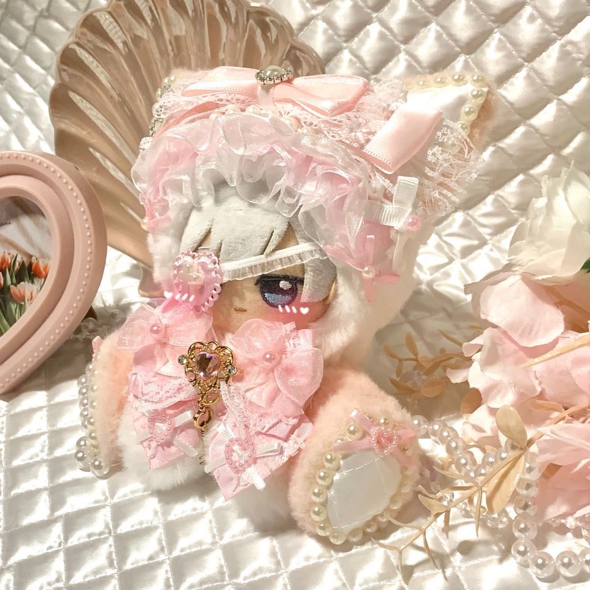 甘ロリホイップ千鳥柄×しろねこ】おすわりぬい服 16cm 甘ロリホイップ