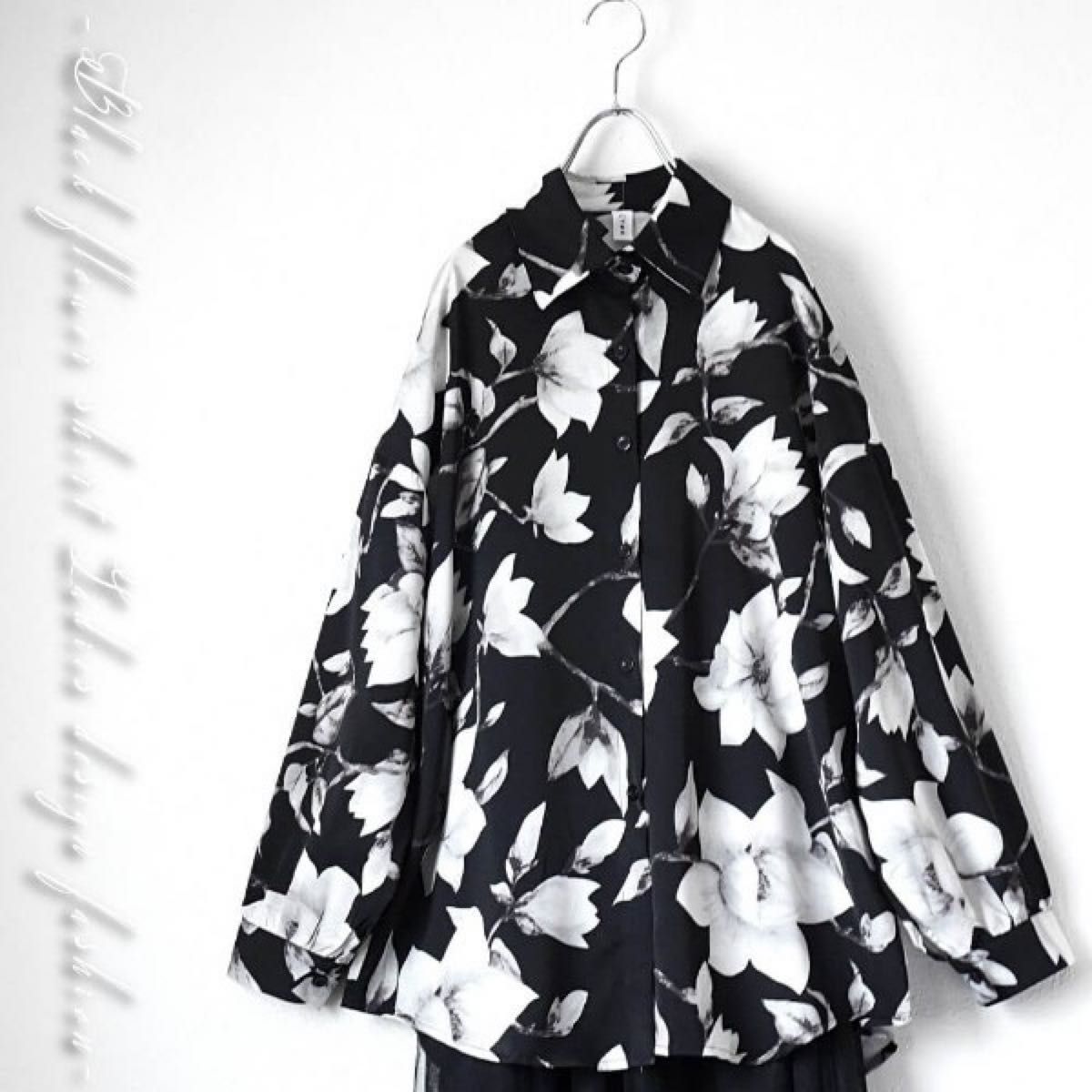 大きいサイズ ブラック 花柄 シャツ 長袖 トップス ブラウス きれいめ