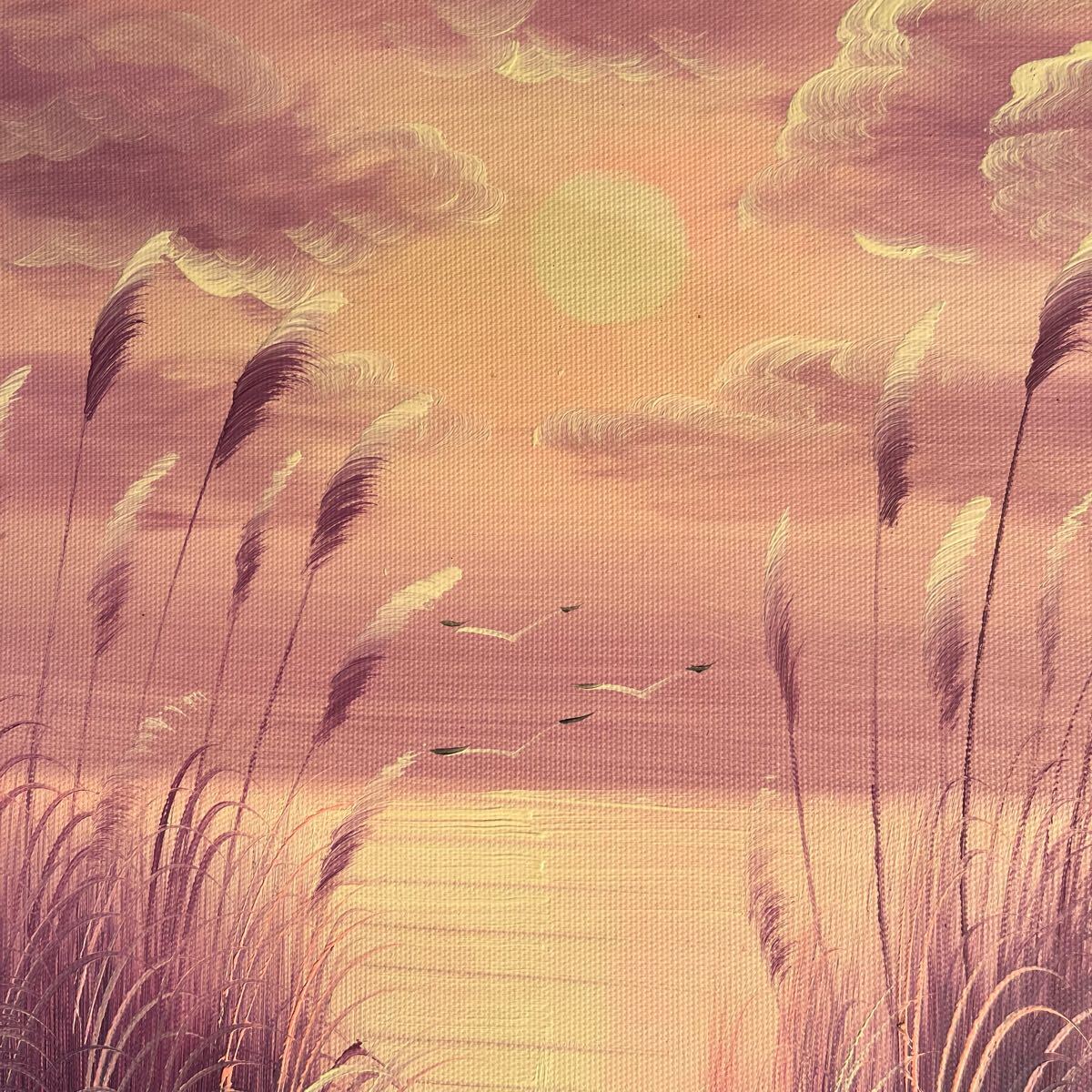 手書き油絵 湖と渡り鳥 額付き 肉筆絵画 インテリア 油彩画 手書き油絵