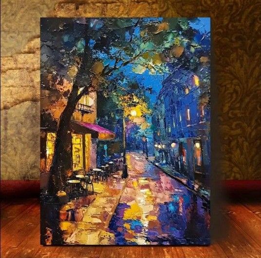 夜の街並み 油彩風景画キャンバスアートフレーム付き 30cm x 40cm