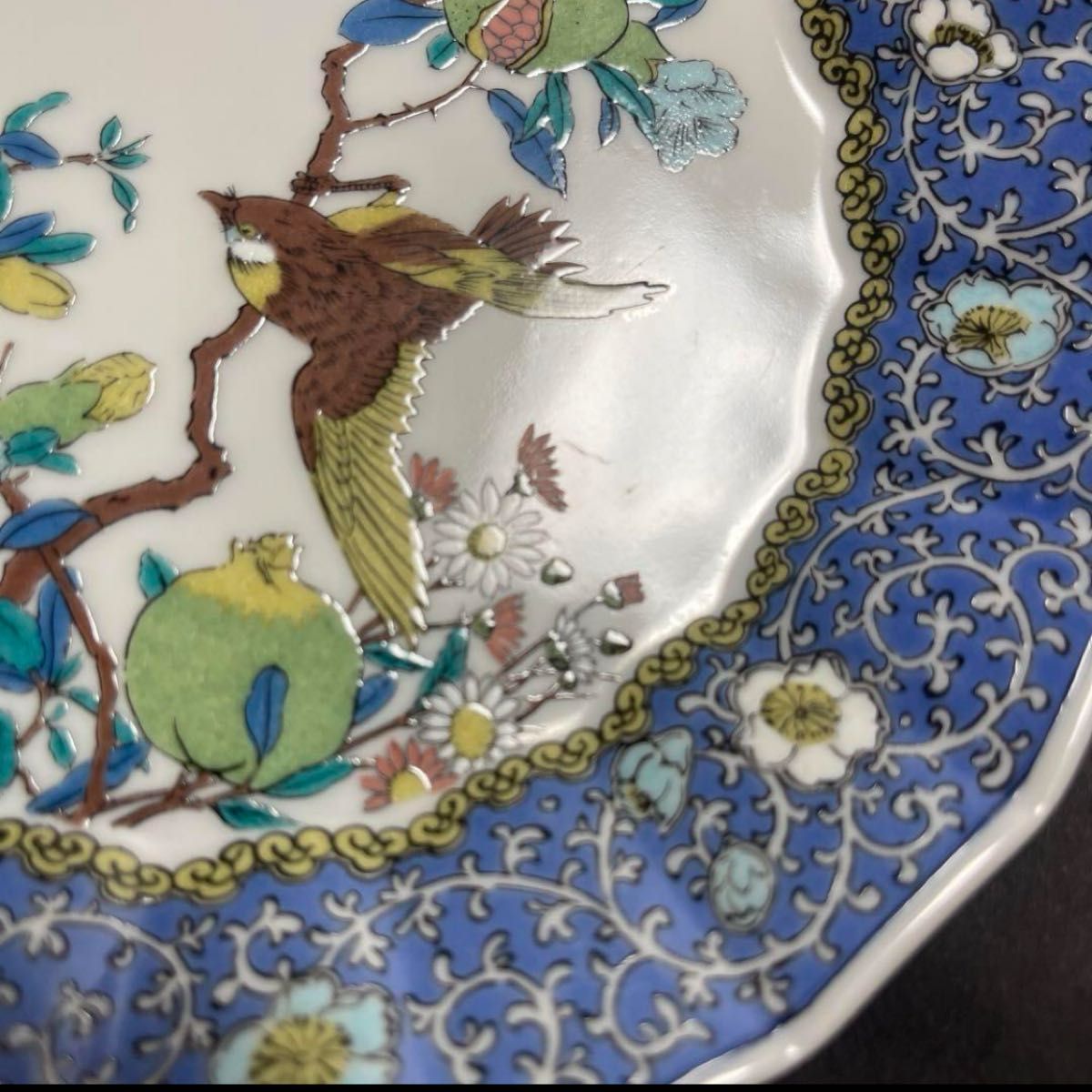 最終価格 九谷焼き 角福 飾り皿 大皿 色絵花鳥 黄地花鳥 牡丹 31㎝