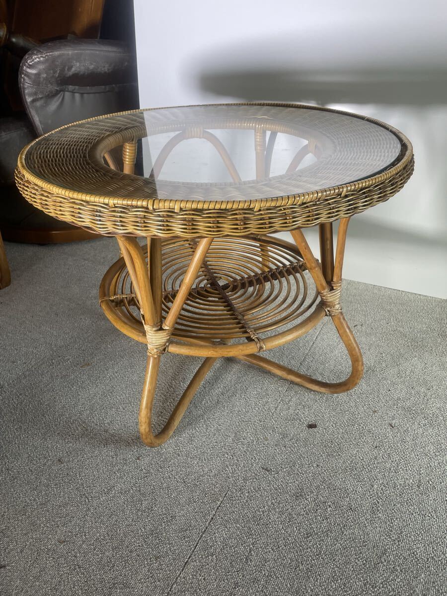 so様リクエスト品】籐 ラタン 丸テーブル ガラス天板 昭和 レトロ 80