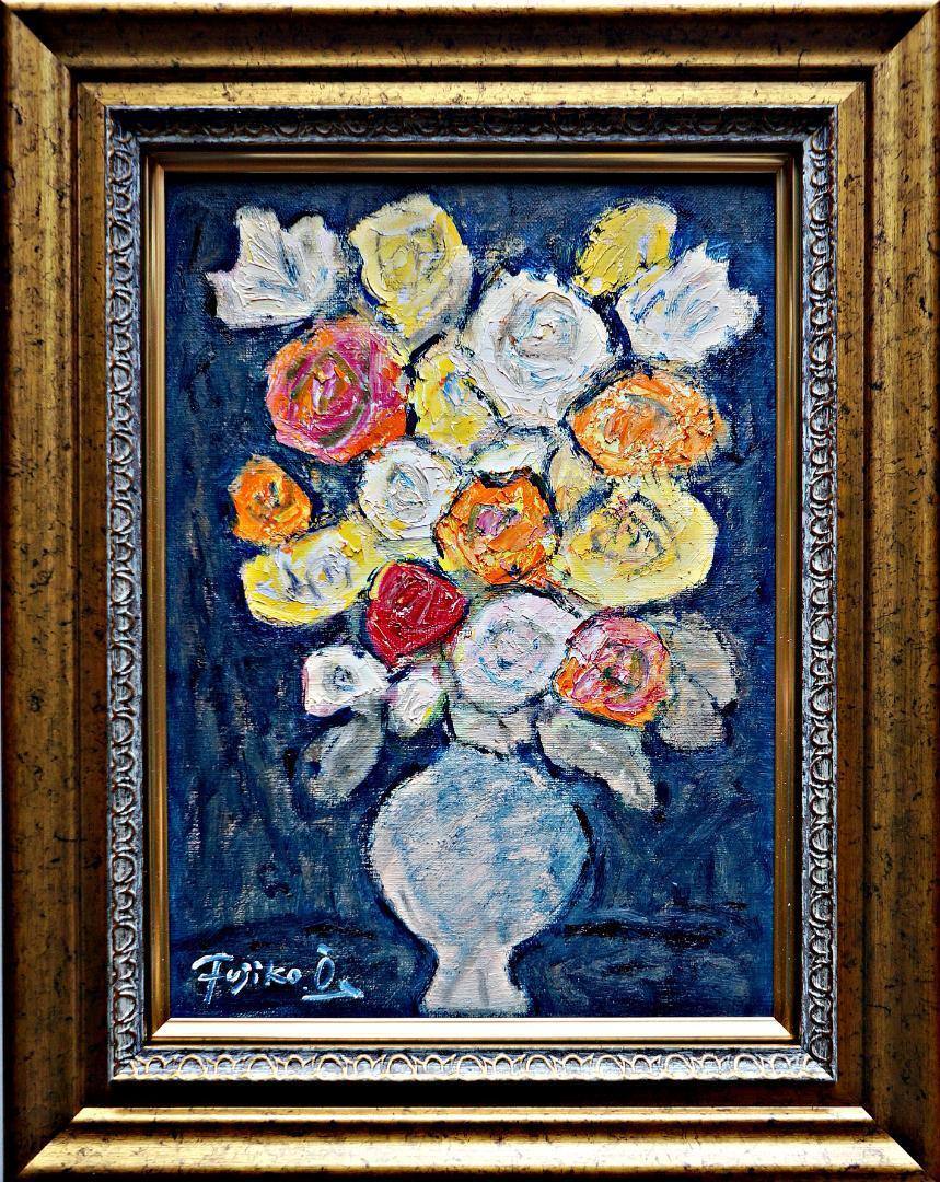 大澤扶二子□薔薇□金色新品額□大きいサイズのF8号絵画