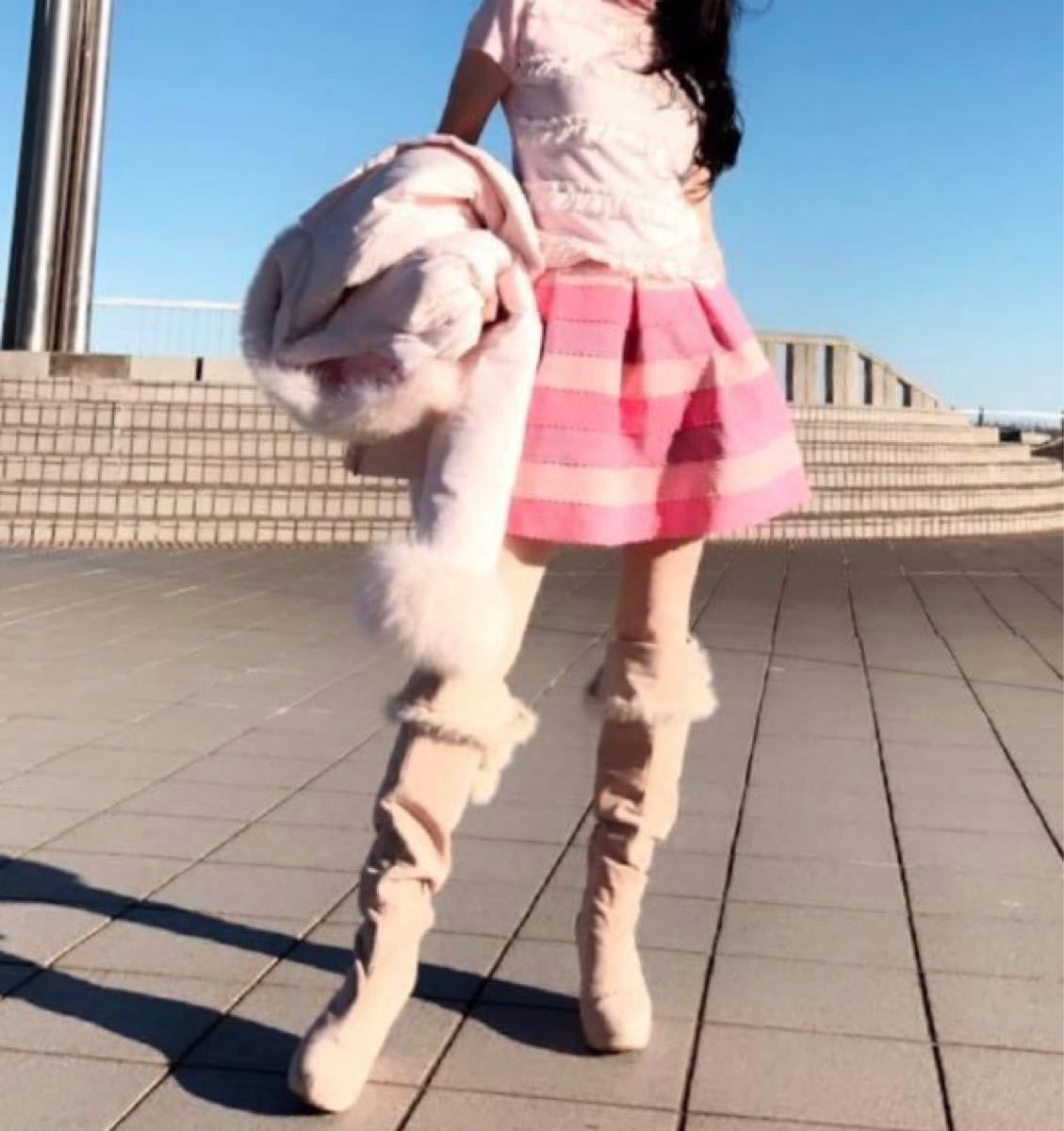 リズリサ ニーハイ ロングブーツ ボンボン 編み上げ ファー ピンク