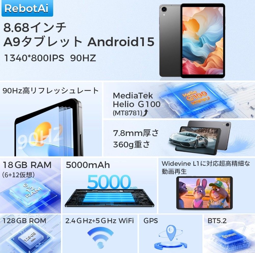 RebotAi A9 タブレット 8インチ Android15 4G LTE通信 専用ケース付き